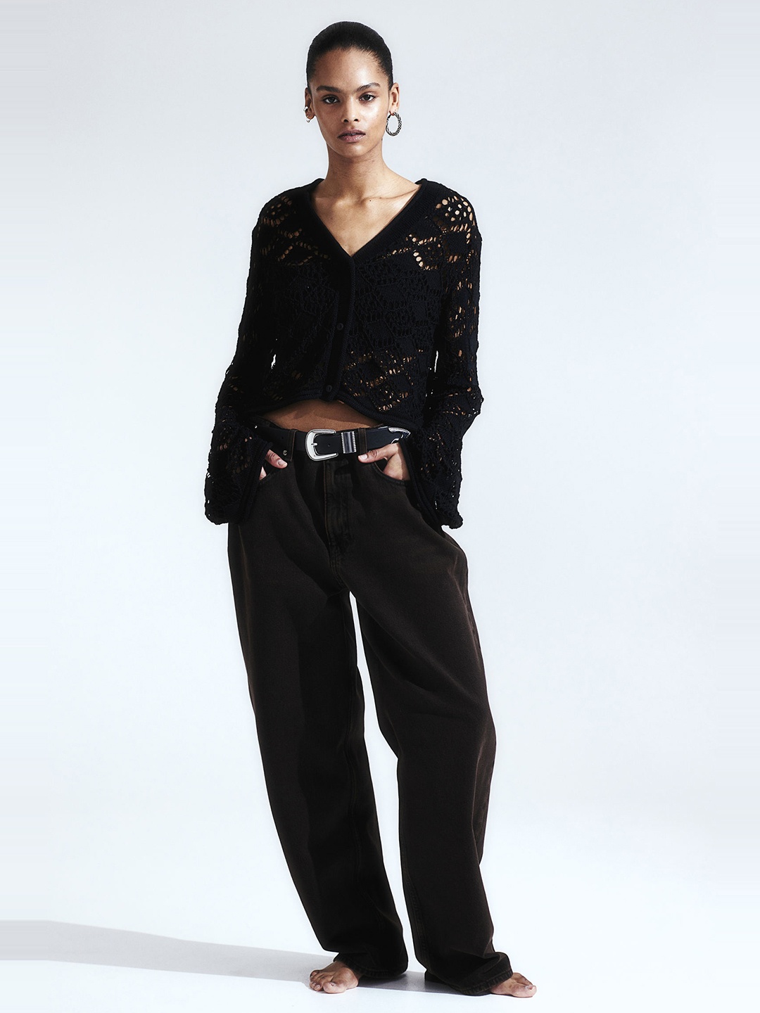 

H&M Acrylic Pointelle-Knit Cardigan, Black