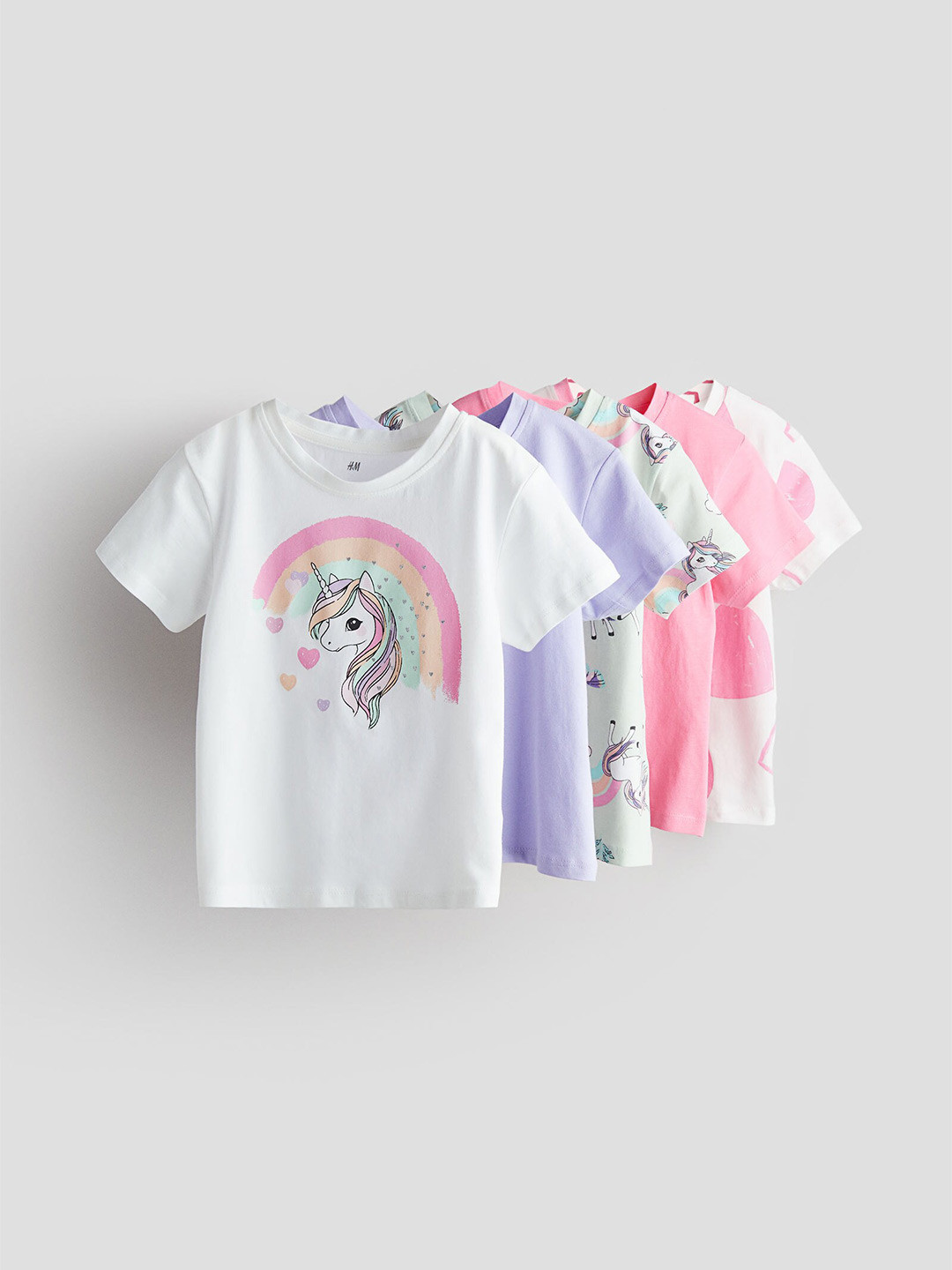 

H&M Girls Pure Cotton 5-Pack Printed Jersey Tops, White