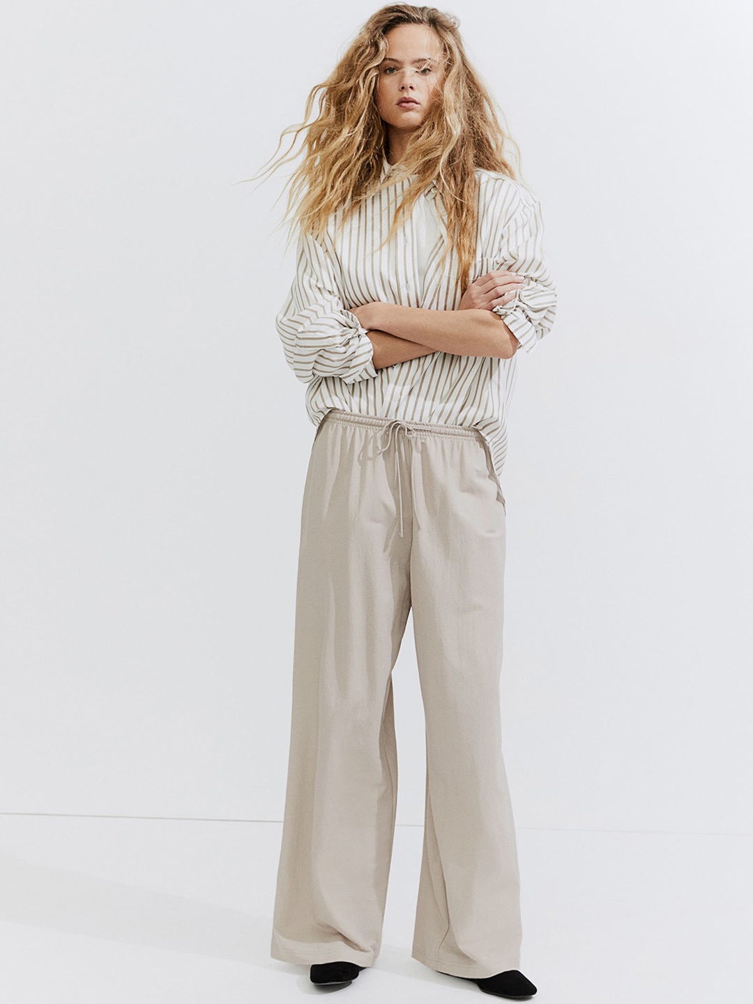 

H&M Women Wide Pull-On Trousers, Beige