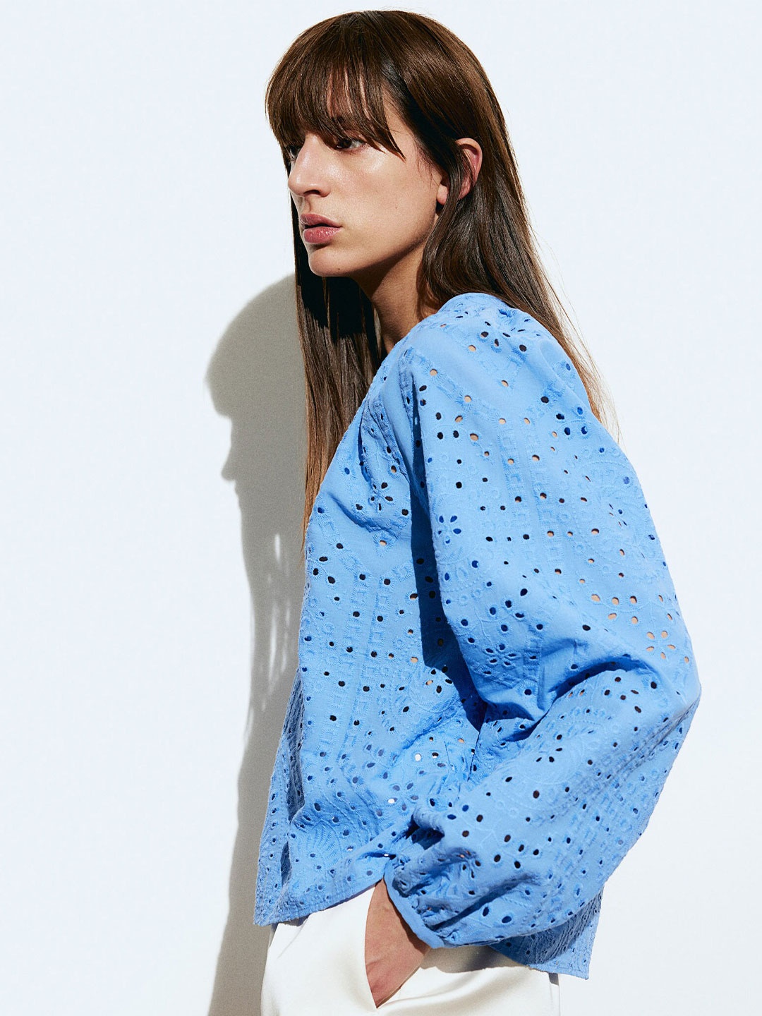 

H&M Pure Cotton Broderie Anglaise Blouse, Blue