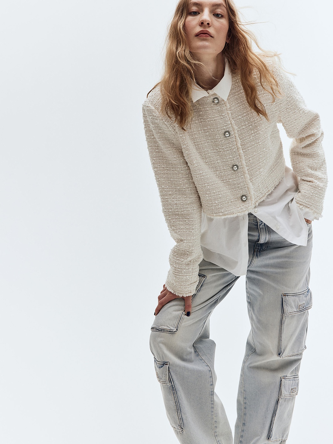

H&M Cropped Boucle-Weave Jacket, White