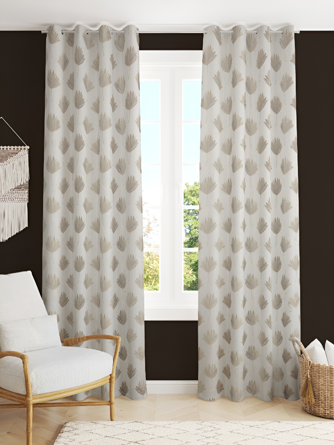 

Kraftiq Homes Grey & White Floral Printed Room Darkening Velvet Door Curtains