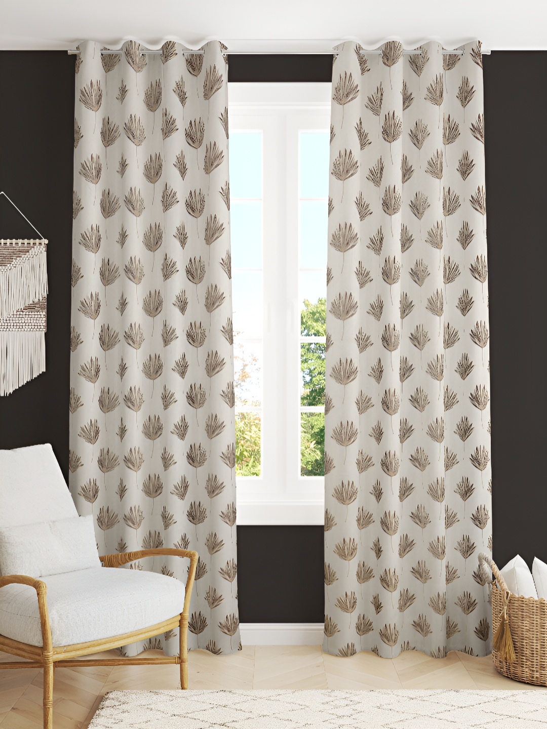 

Kraftiq Homes Desert Brown & White 2 Pcs Floral Velvet Room Darkening Long Door Curtains