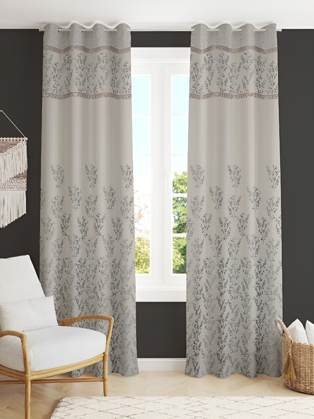 

Kraftiq Homes Grey & White 2 Pieces Embroidered Room Darkening Long Door Curtains