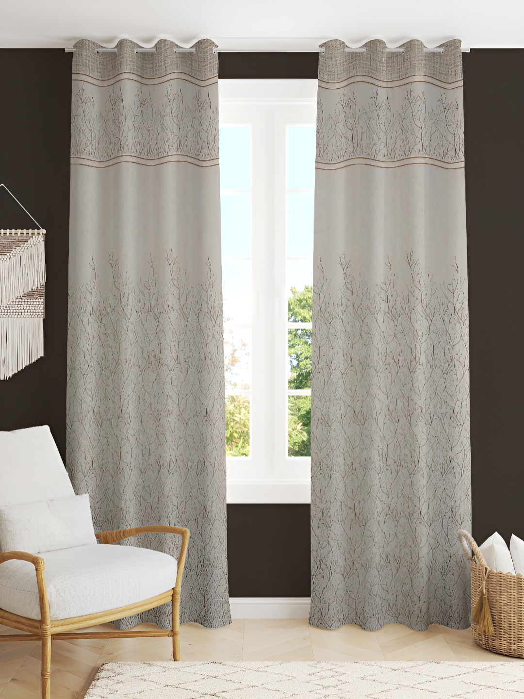 

Kraftiq Homes Brown & Grey 2 Pieces Embroidered Room Darkening Window Curtains