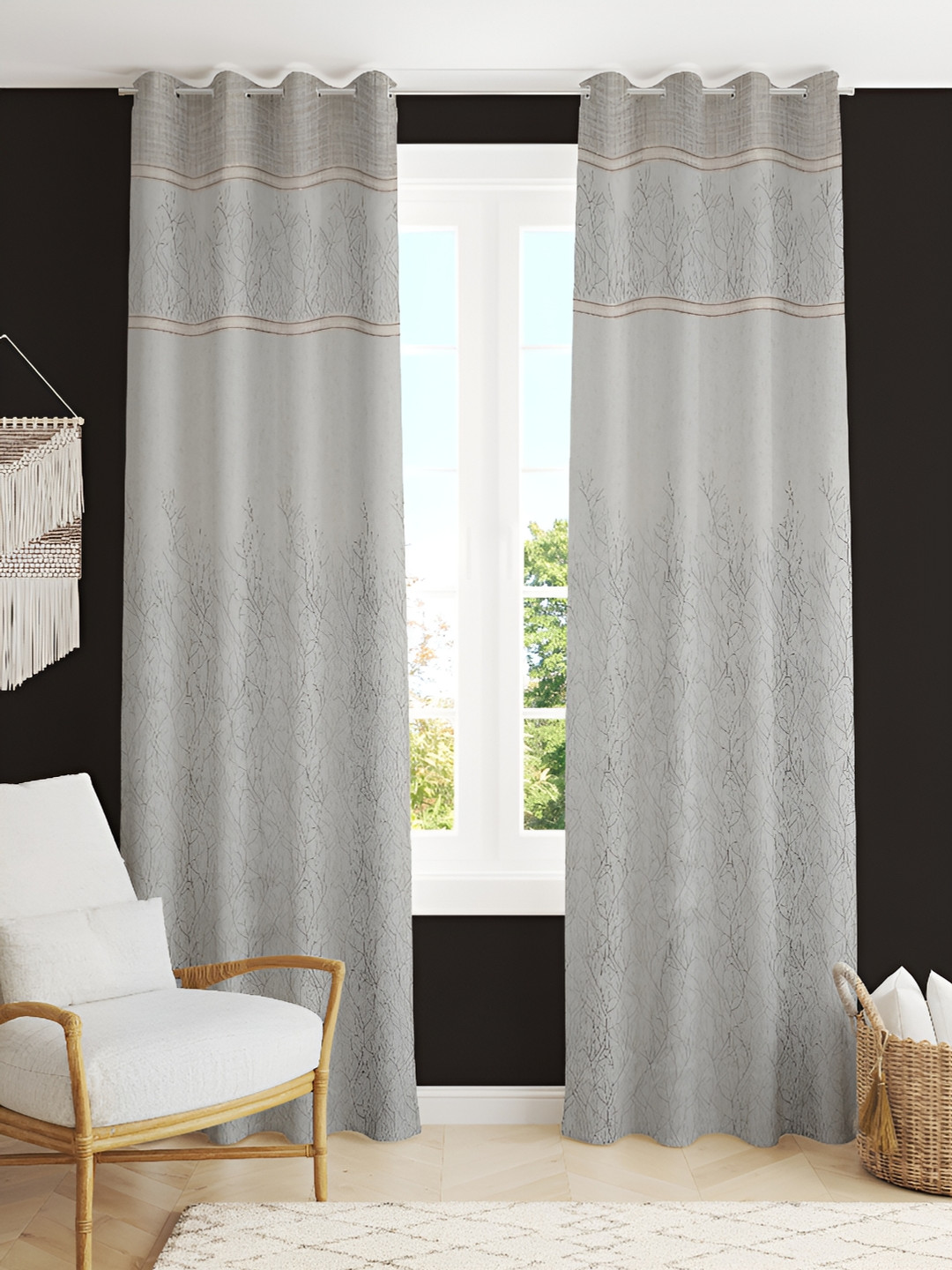 

Kraftiq Homes Grey & Gold Toned 2 Pieces Embroidered Room Darkening Window Curtains
