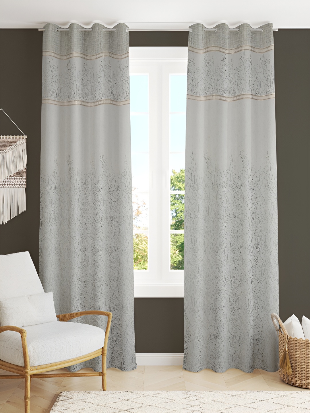 

Kraftiq Homes Desert Grey & Green 2 Pieces Embroidered Room Darkening Door Curtains