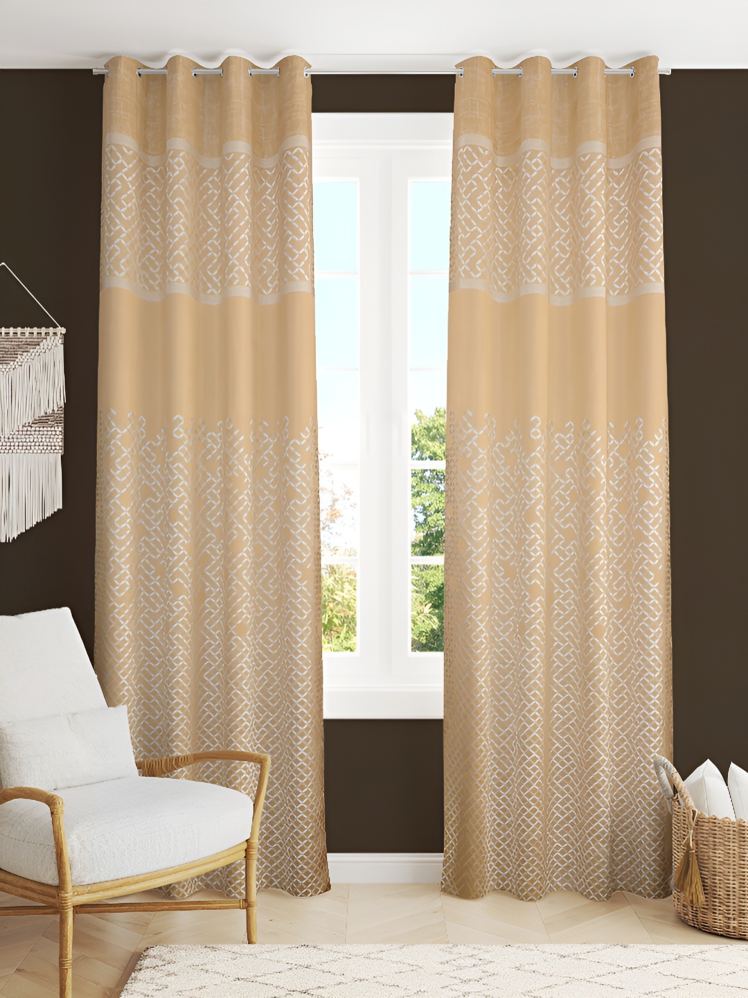 

Kraftiq Homes Beige & White 2 Pieces Room Darkening Window Curtain