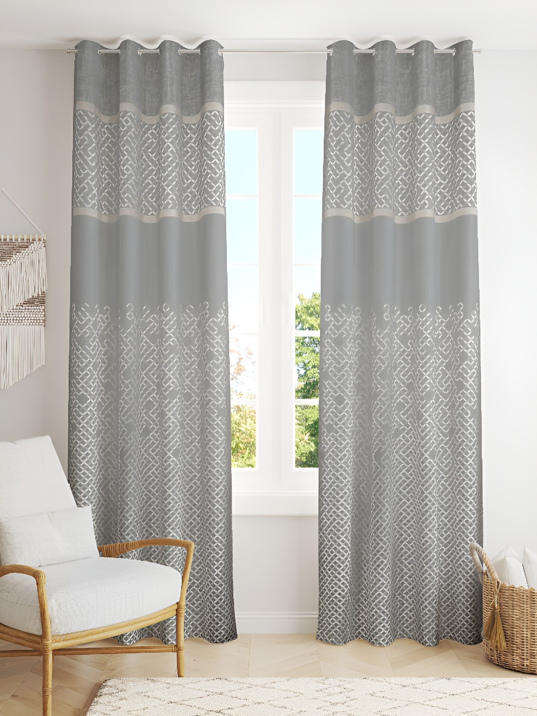 

Kraftiq Homes Candy Grey & White 2 Pieces Embroidered Room Darkening Window Curtains