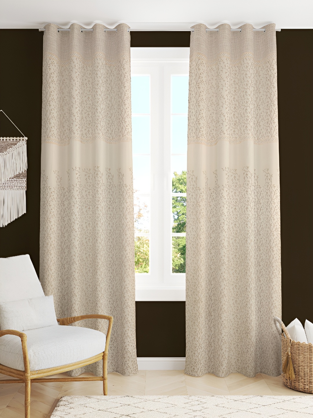 

Kraftiq Homes Cream & White 2 Pcs Floral Room Darkening Door Curtain