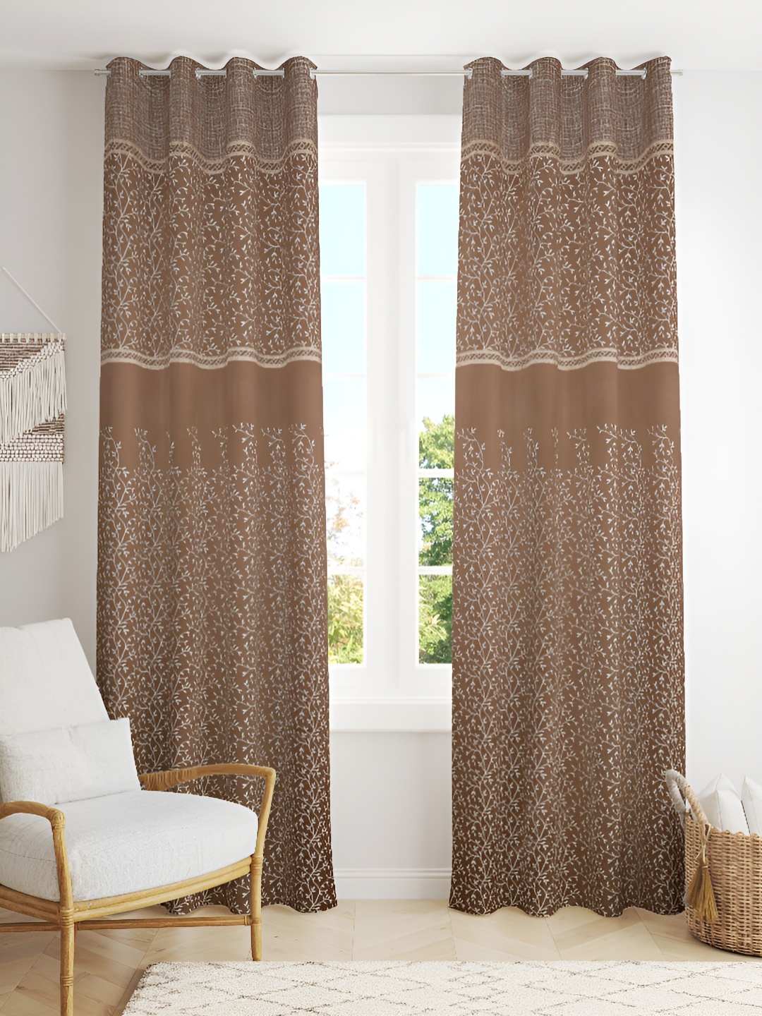 

Kraftiq Homes Brown & White 2 Pieces Embroidered Room Darkening Window Curtains