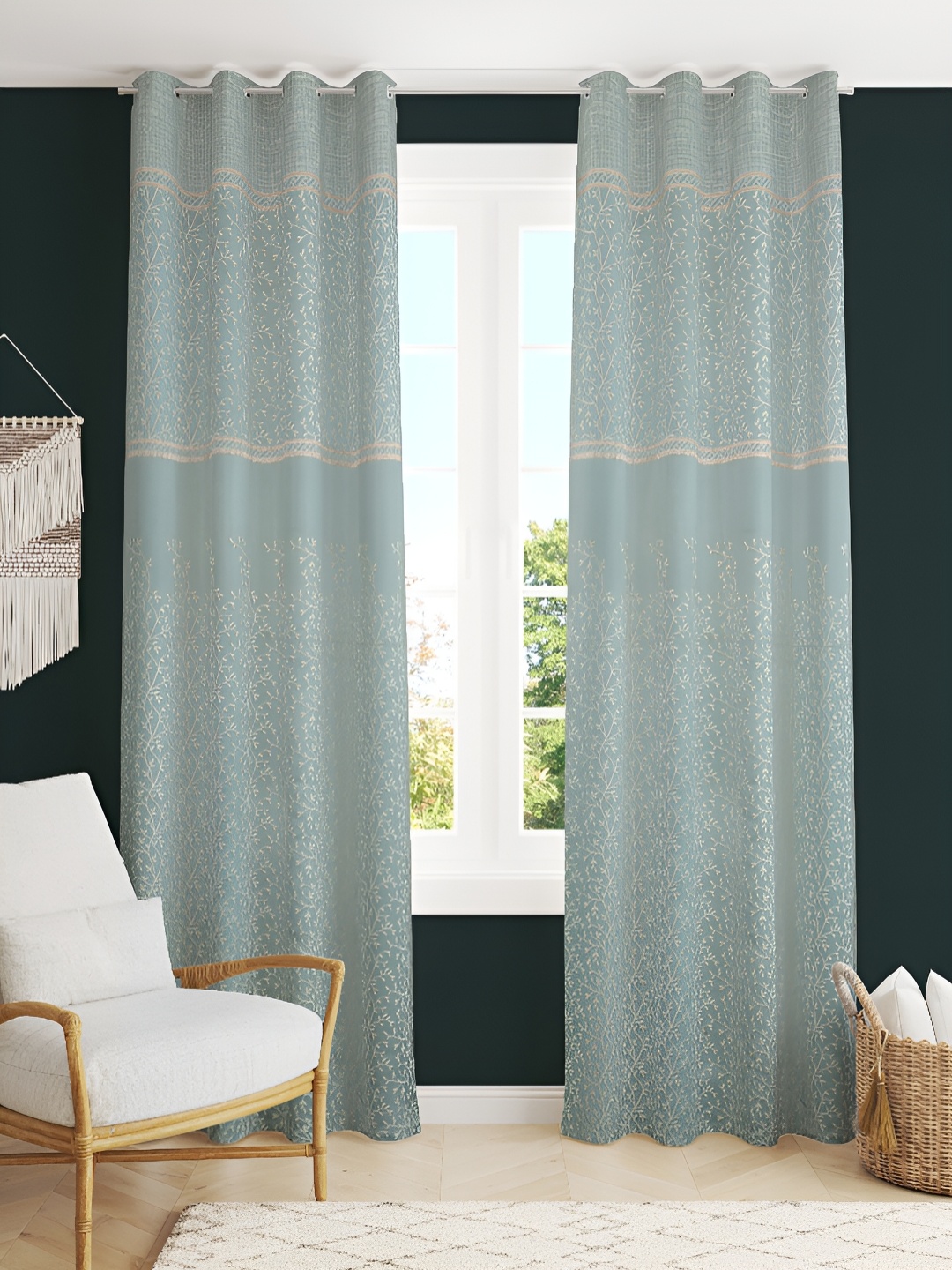 

Kraftiq Homes Blue & White 2 Pcs Floral Room Darkening Window Curtain