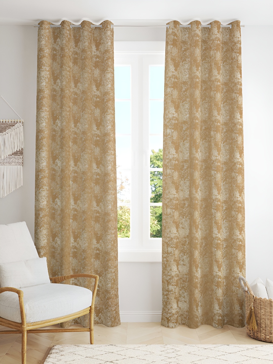 

Kraftiq Homes Gold-Toned & White 2 Pieces Embroidered Eyelet Room Darkening Door Curtains