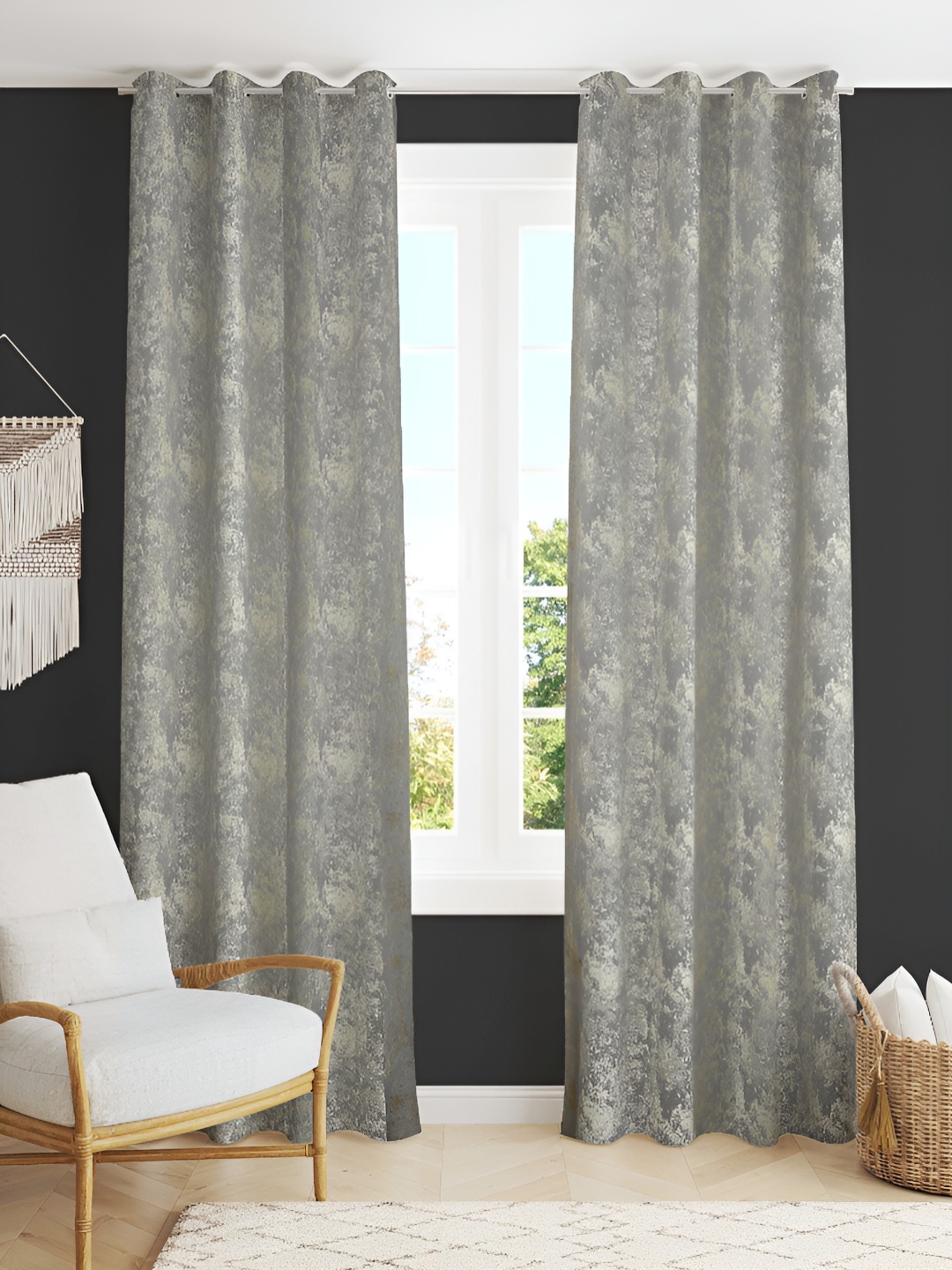 

Kraftiq Homes Grey & White 2 Pieces Embroidered Room Darkening Eyelet Window Curtains
