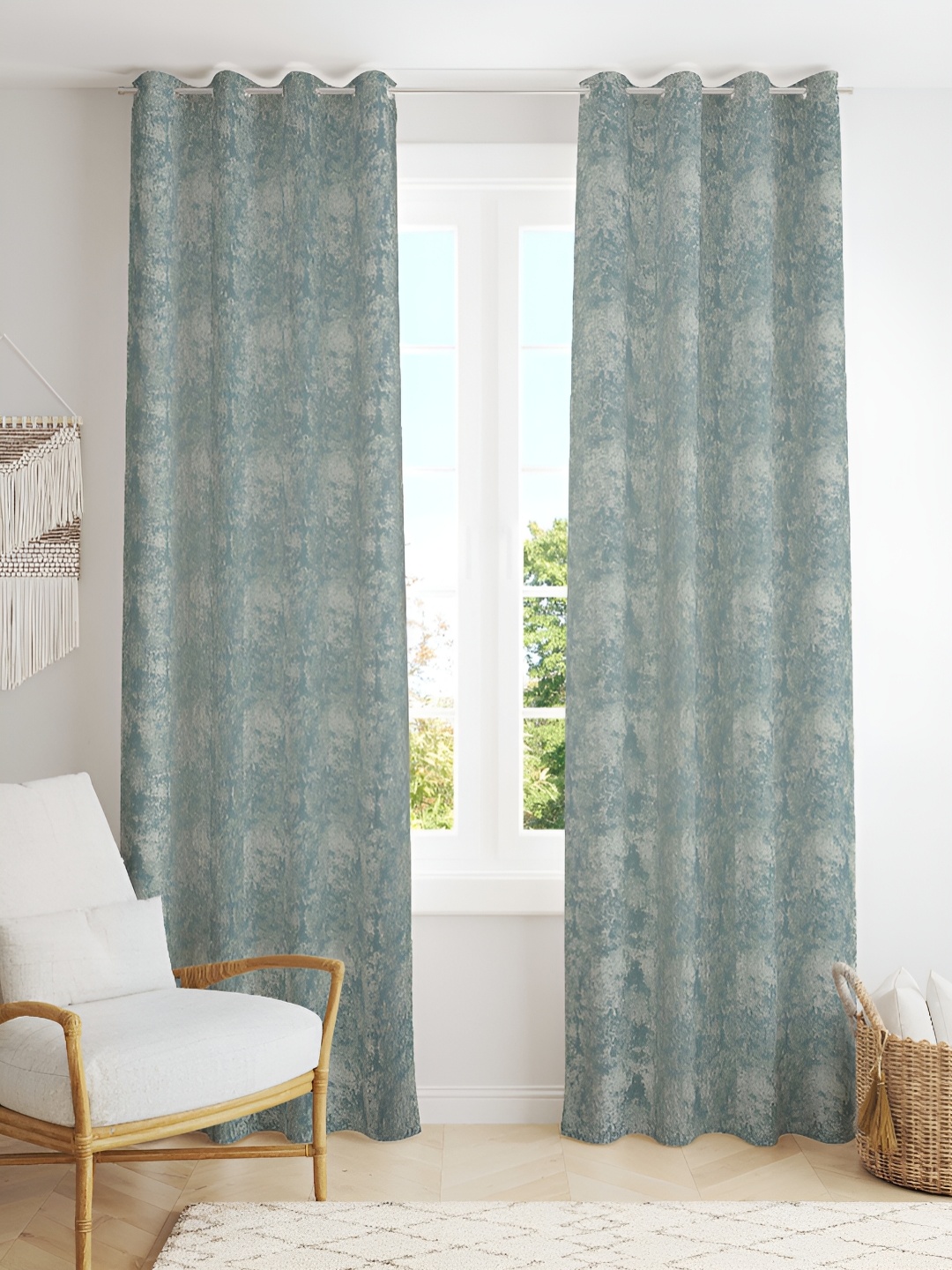 

Kraftiq Homes Blue & White 2 Pieces Embroidered Room Darkening Door Curtains