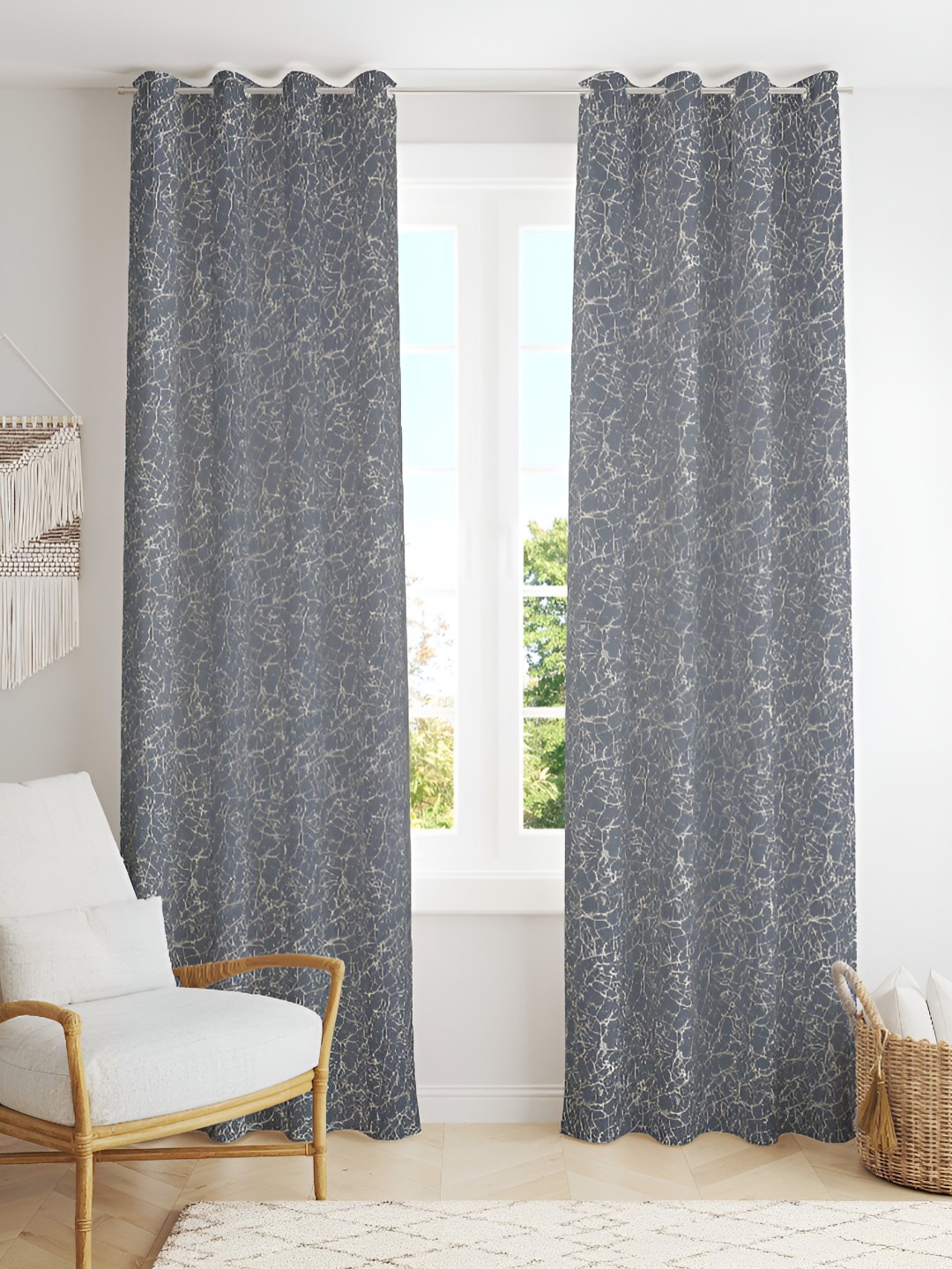 

Kraftiq Homes Grey & White 2 Pcs Abstract Room Darkening Window Curtain