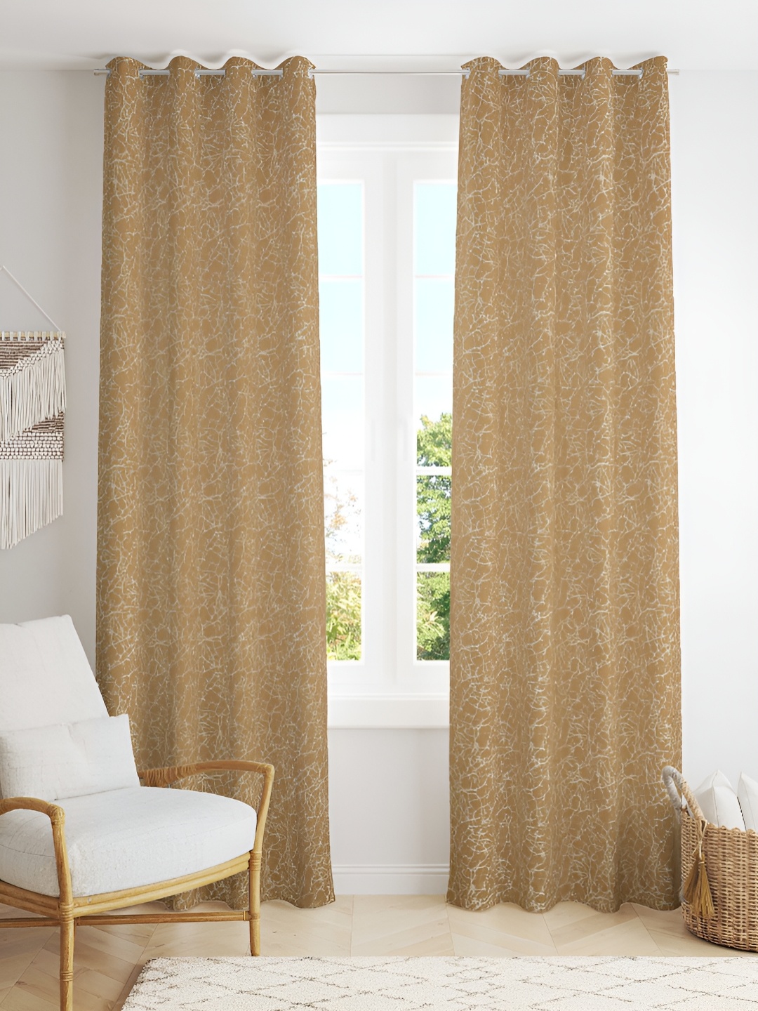 

Kraftiq Homes Gold-Toned & White 2 Pieces Room Darkening Eyelet Long Door Curtains