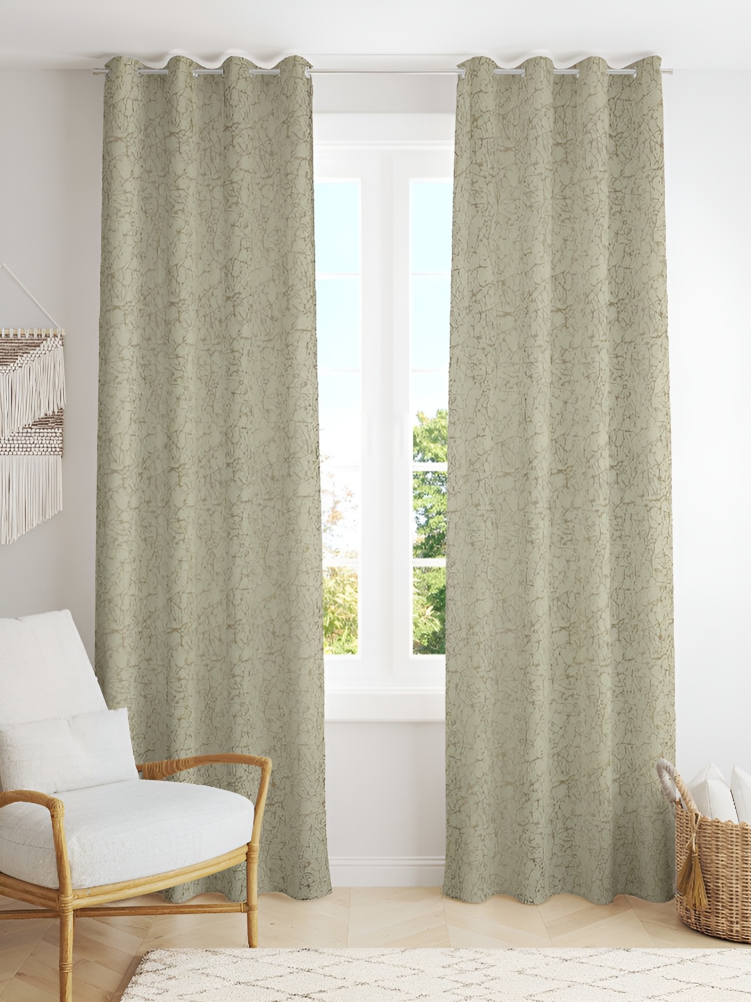 

Kraftiq Homes Cream & White 2 Pieces Embroidered Room Darkening Window Curtains