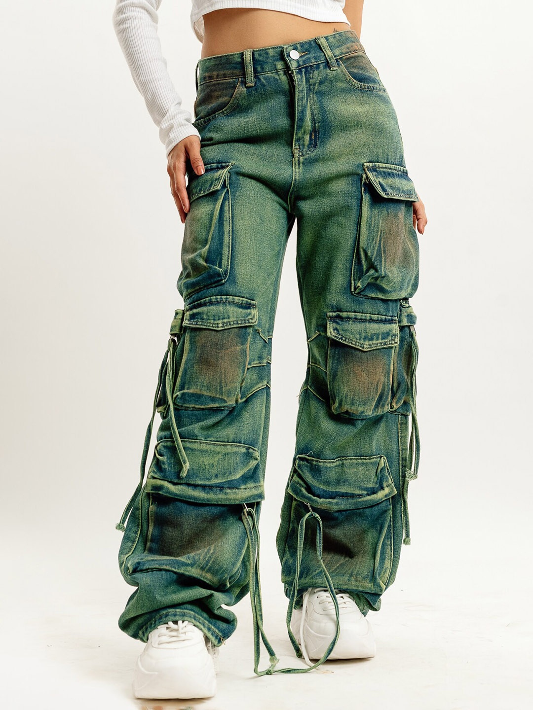

FREAKINS Women Wide Leg High-Rise High Rise Clean Look Pure Cotton Cargo Jeans Jeans, Blue