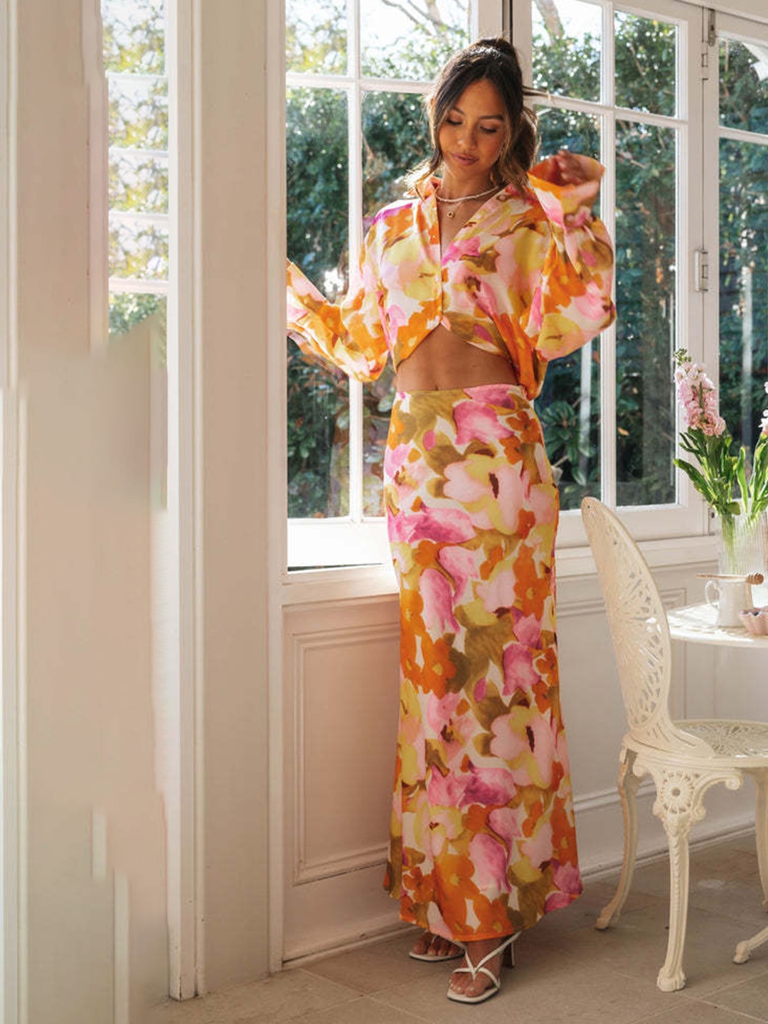 

StyleCast Pink & Orange Floral Printed Shirt With Skirt