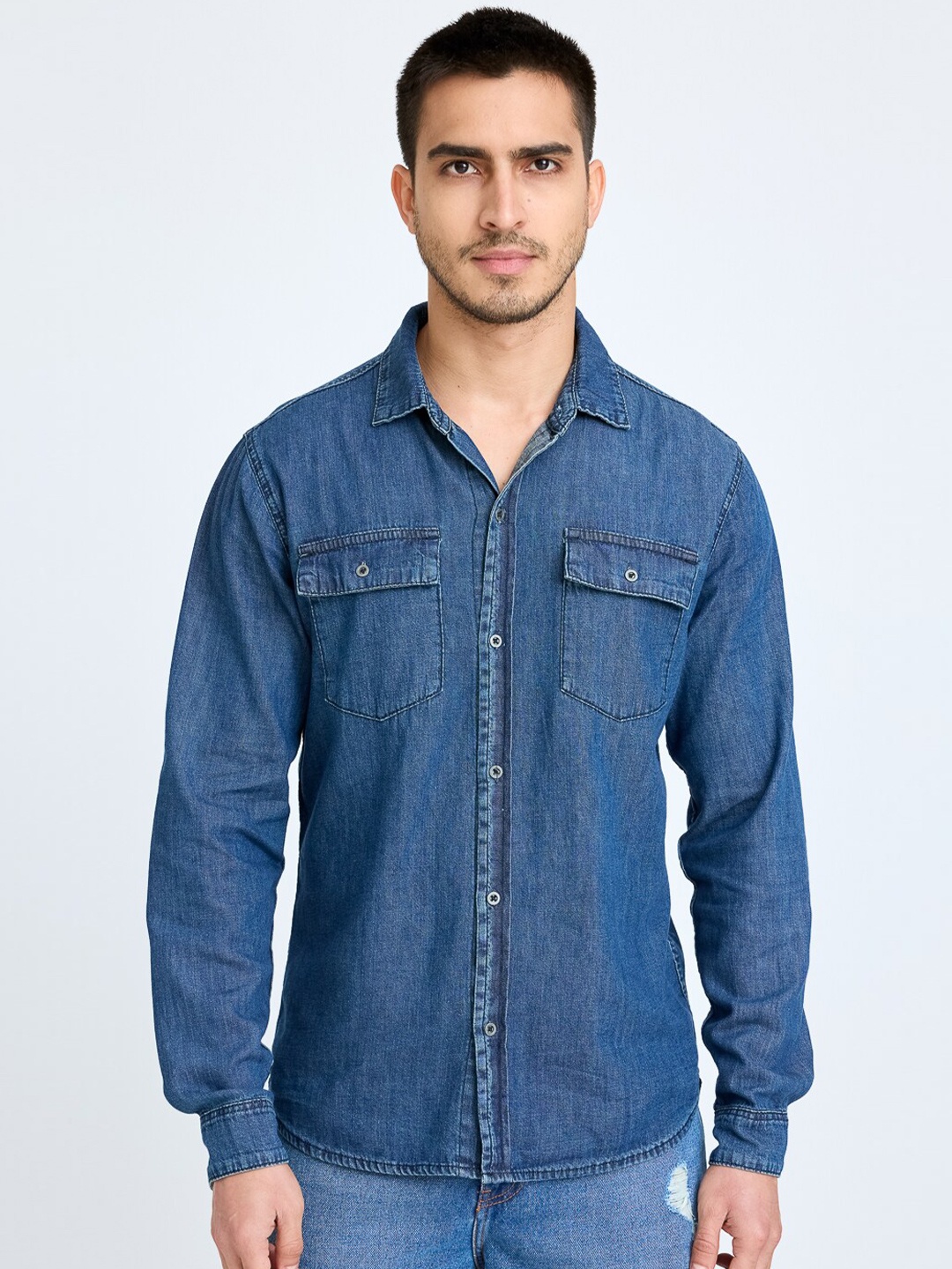 

FREAKINS Spread Collar Denim Casual Shirt, Blue