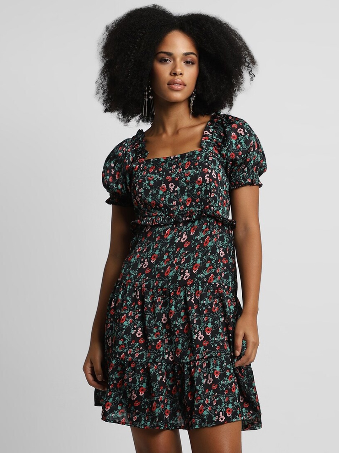 

FOREVER 21 Floral Printed Puff Sleeves A-Line Dress, Black