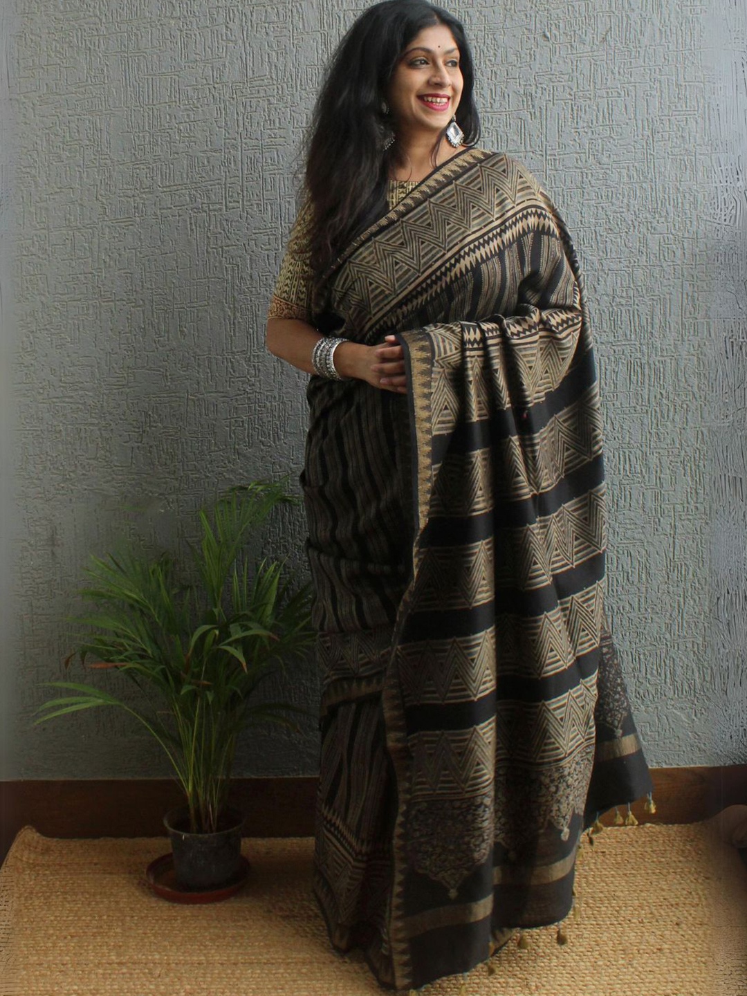 

Weaves of Tradition Ajrak Block Printed Zari Silk Cotton Chanderi Saree, Black