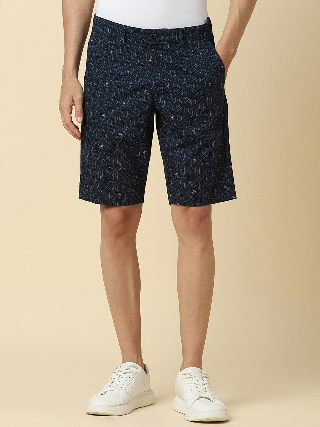 

Allen Solly Men Slim Fit Mid-Rise Geometric Printed Pure Cotton Shorts, Navy blue