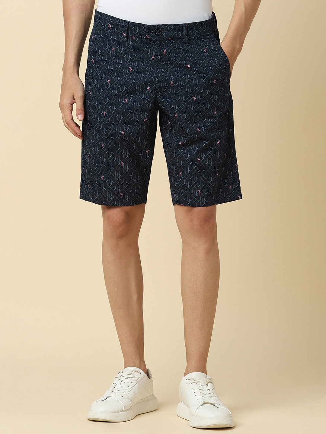 

Allen Solly Men Slim Fit Mid-Rise Geometric Printed Pure Cotton Shorts, Navy blue