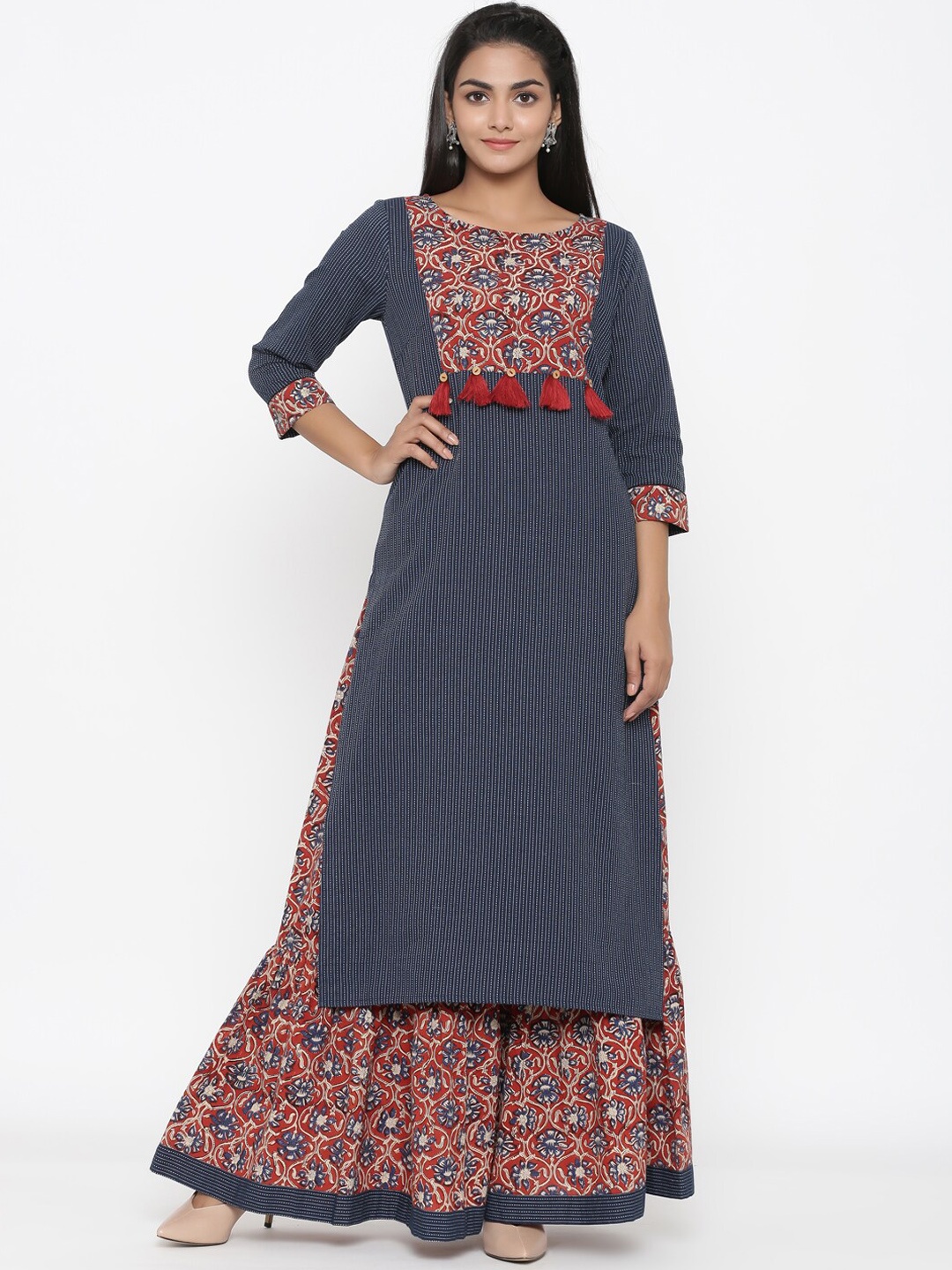 

all about you Maroon Striped Regular Pure Cotton Kurta with Sharara, Navy blue