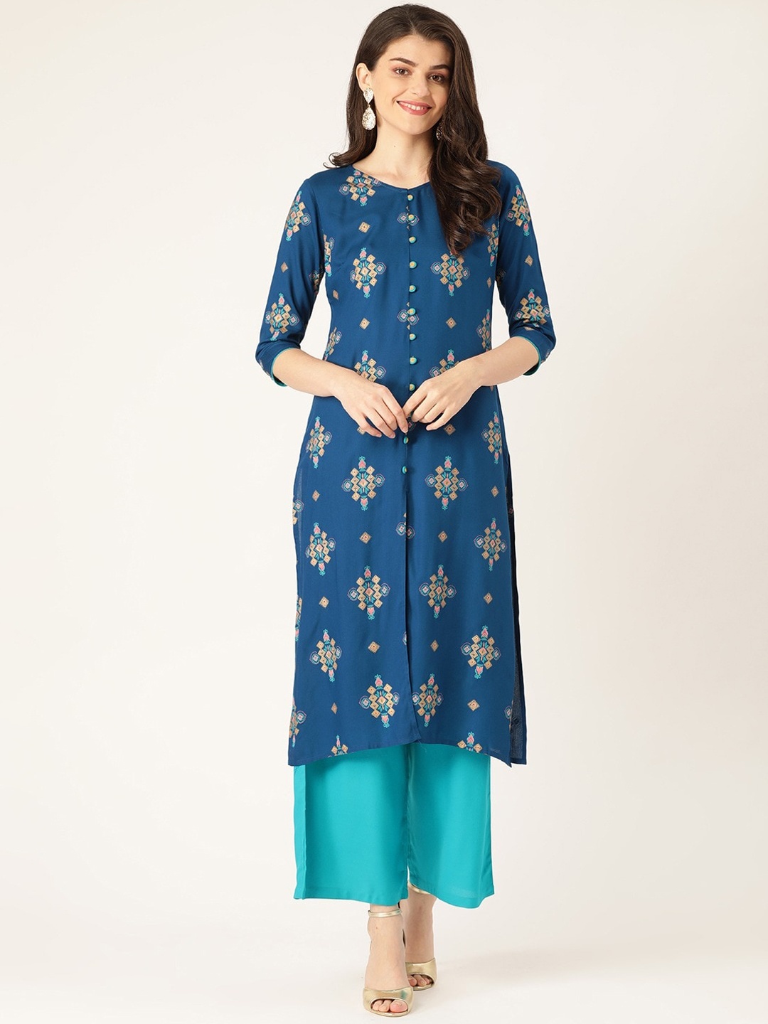 

all about you Navy Blue Ethnic Motifs Printed Regular Kurta with Palazzos