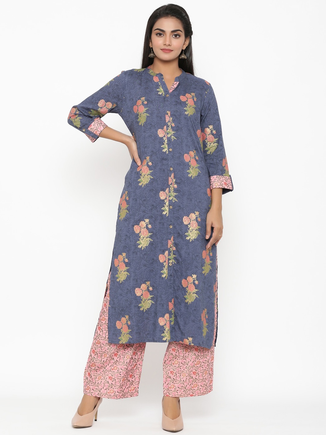 

all about you Floral Printed Roll-Up Sleeves Regular Kurta with Palazzos, Blue