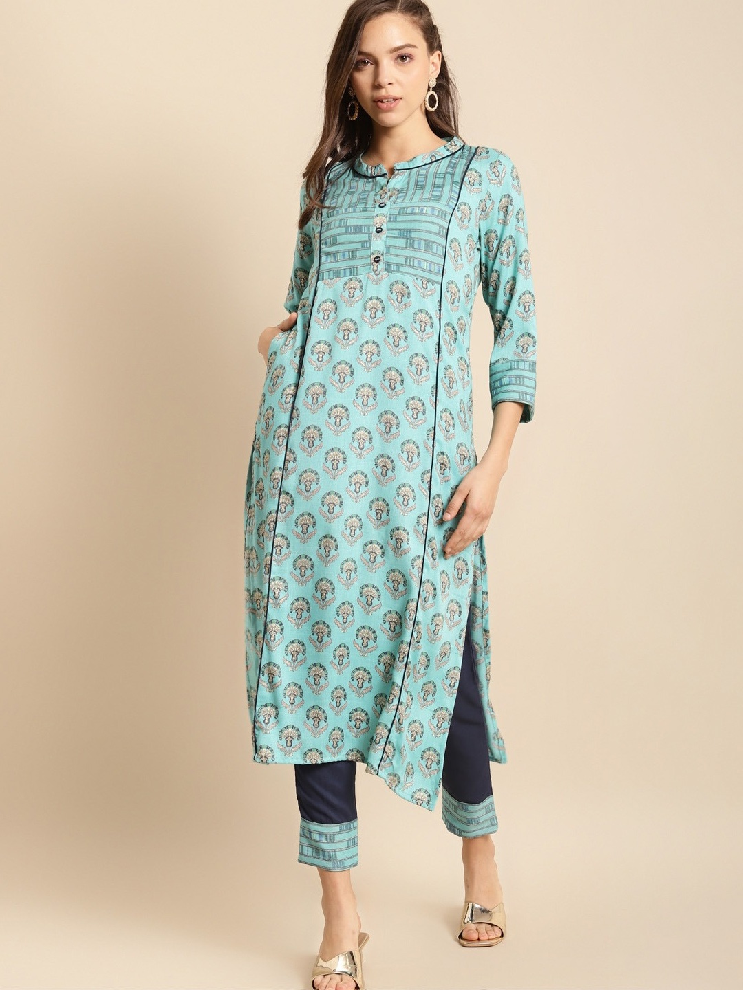 

all about you Blue Ethnic Motifs Printed Regular Liva Kurta with Trousers, Turquoise blue