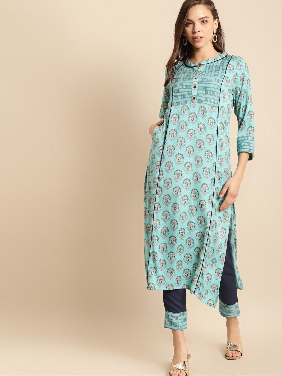 

all about you Ethnic Motifs Printed Panelled Liva Kurta with Trousers, Turquoise blue