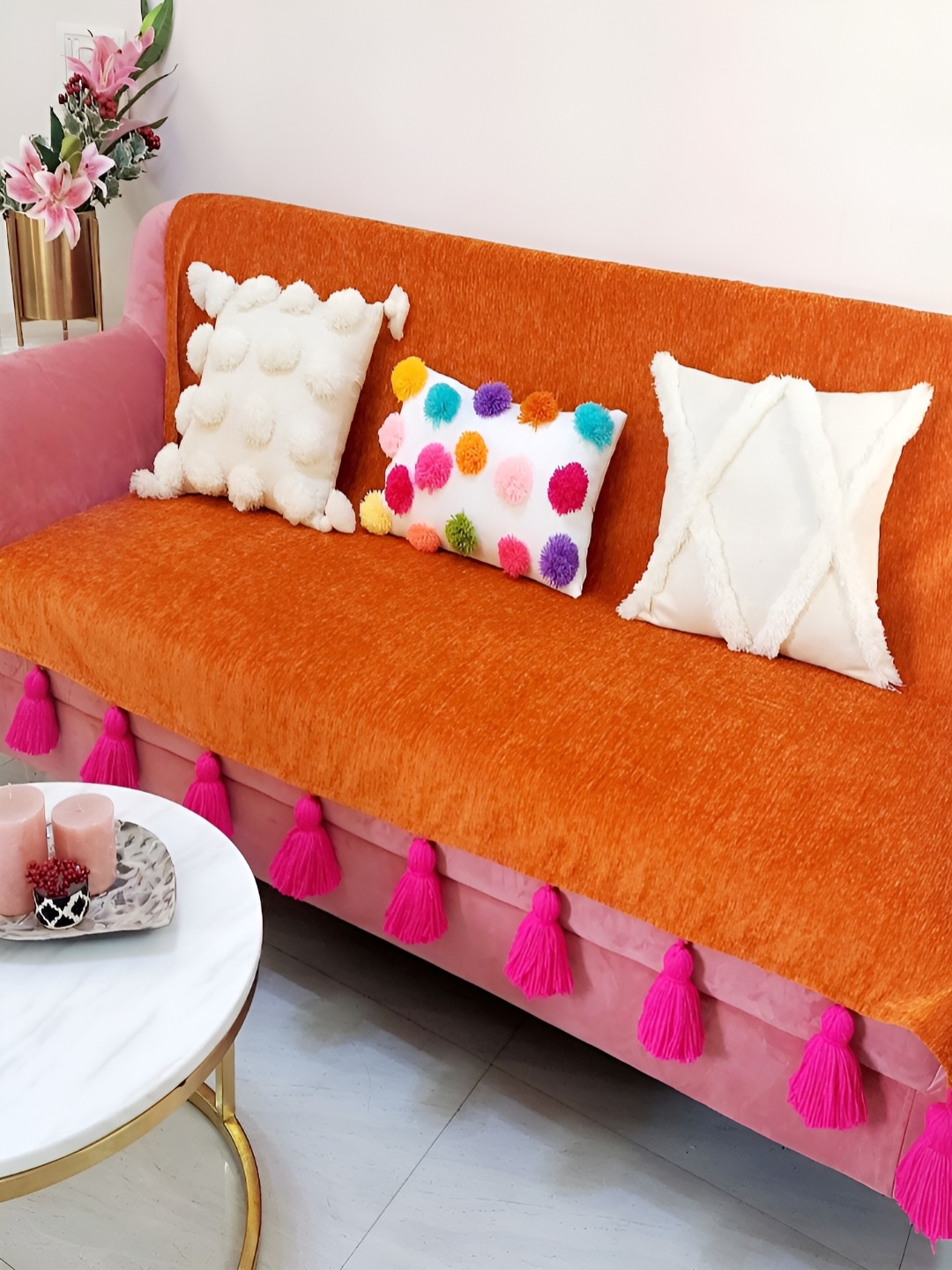 

THROWPILLOW Orange & Pink Anti Slip Tassels Sofa Cover