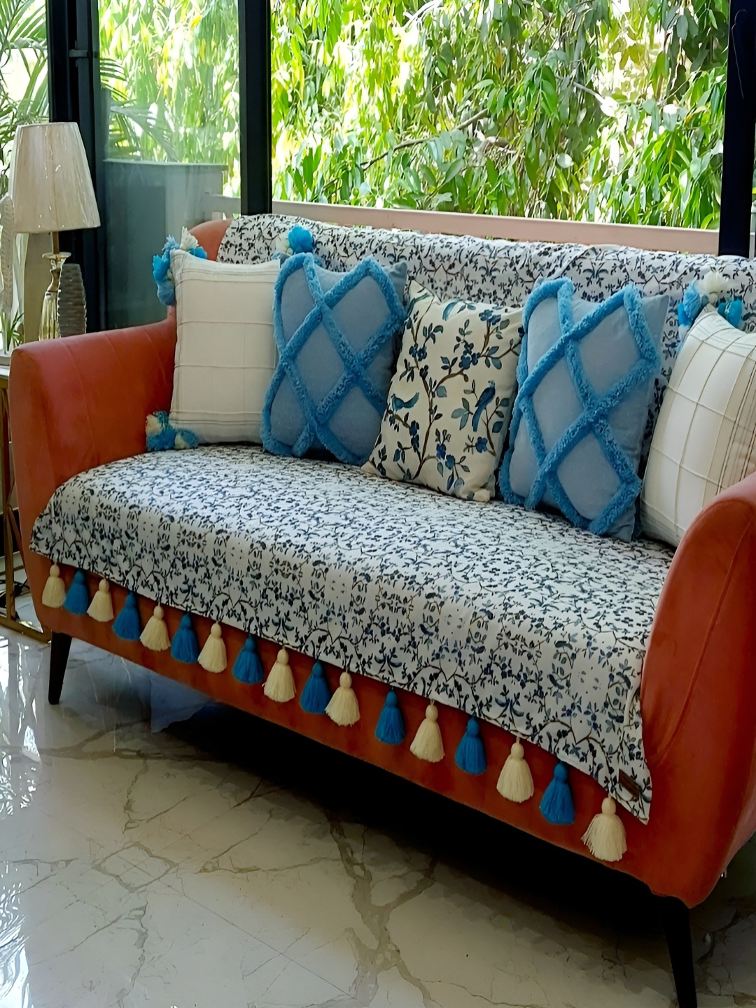 

THROWPILLOW Blue & White Printed Anti Slip Tassels Sofa Cover