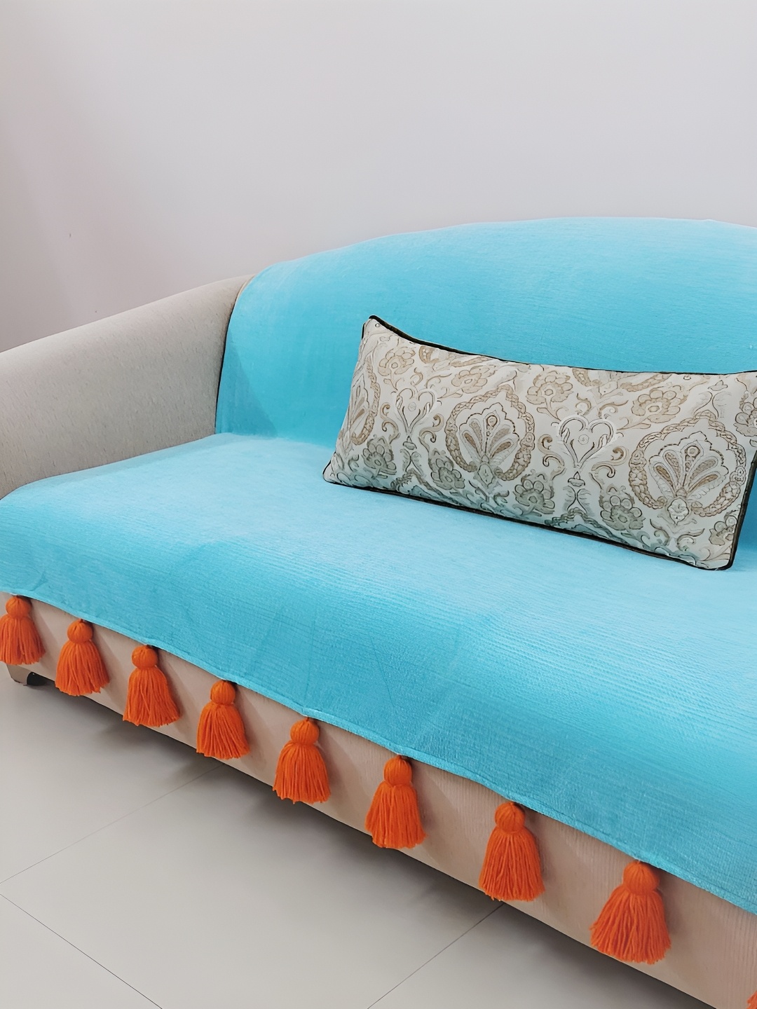 

THROWPILLOW Turquoise Blue & Orange Anti Slip Tassels Sofa Cover