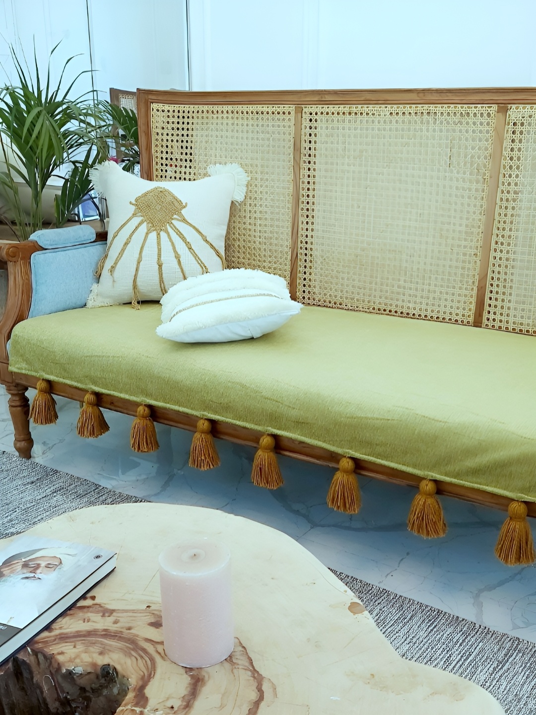 

THROWPILLOW Olive Green & Brown Anti Slip Tassels Sofa Cover