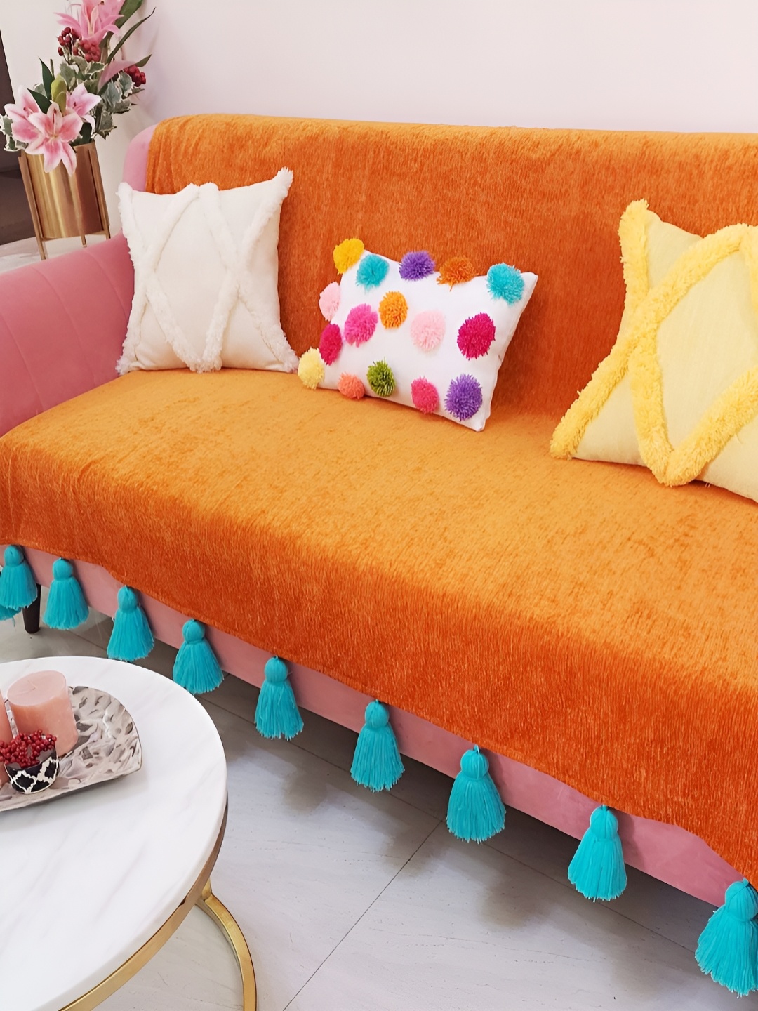 

THROWPILLOW Orange & Turquoise Blue Anti Slip Tassels Sofa Cover