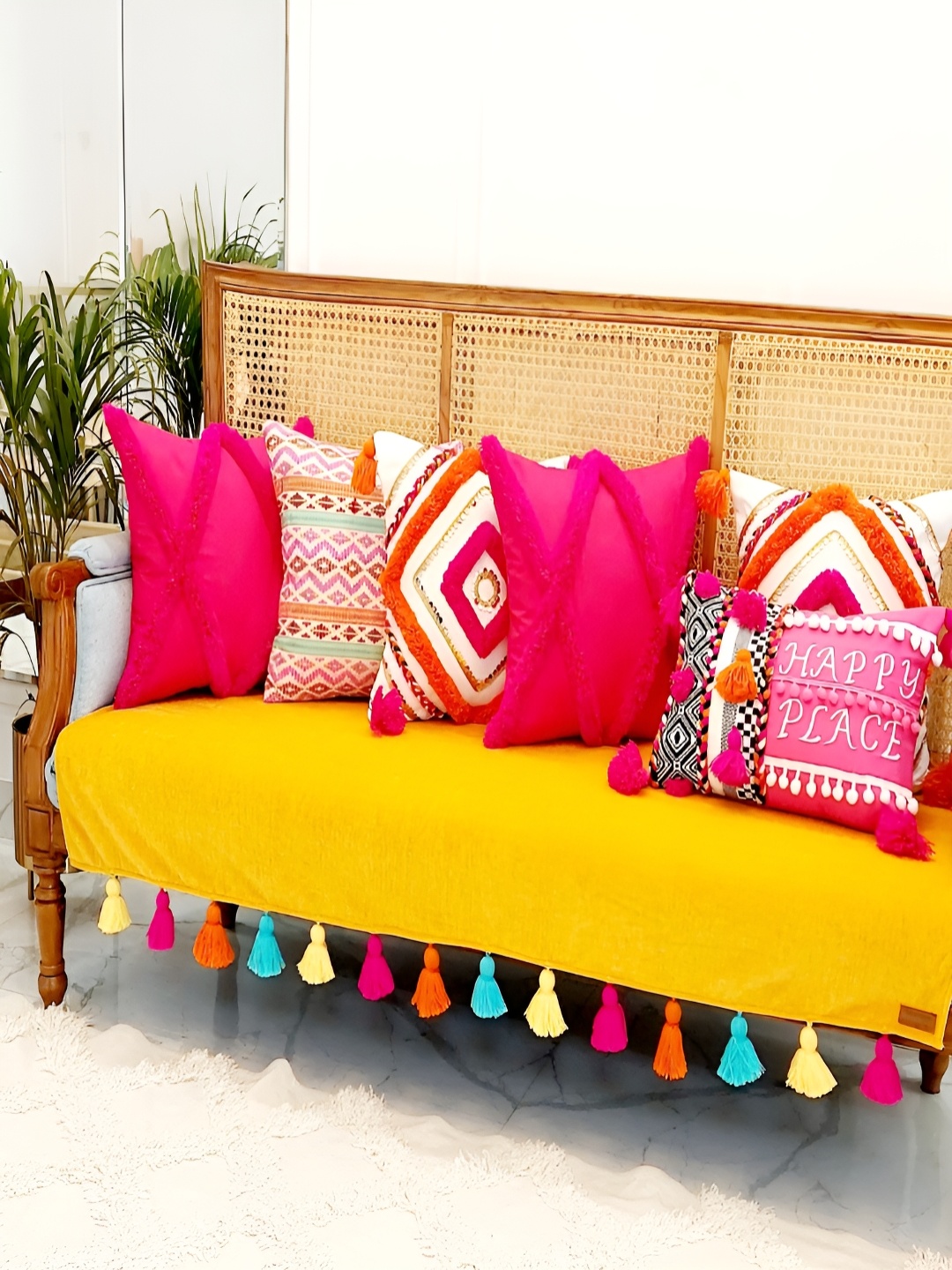 

THROWPILLOW Yellow & Pink Anti Slip Tassels Sofa Cover