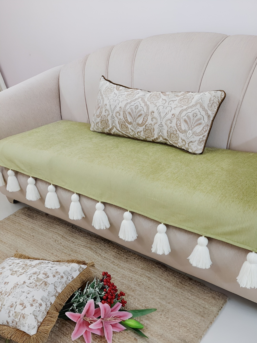 

THROWPILLOW Olive Green & Off White Anti Slip Tassels Sofa Cover