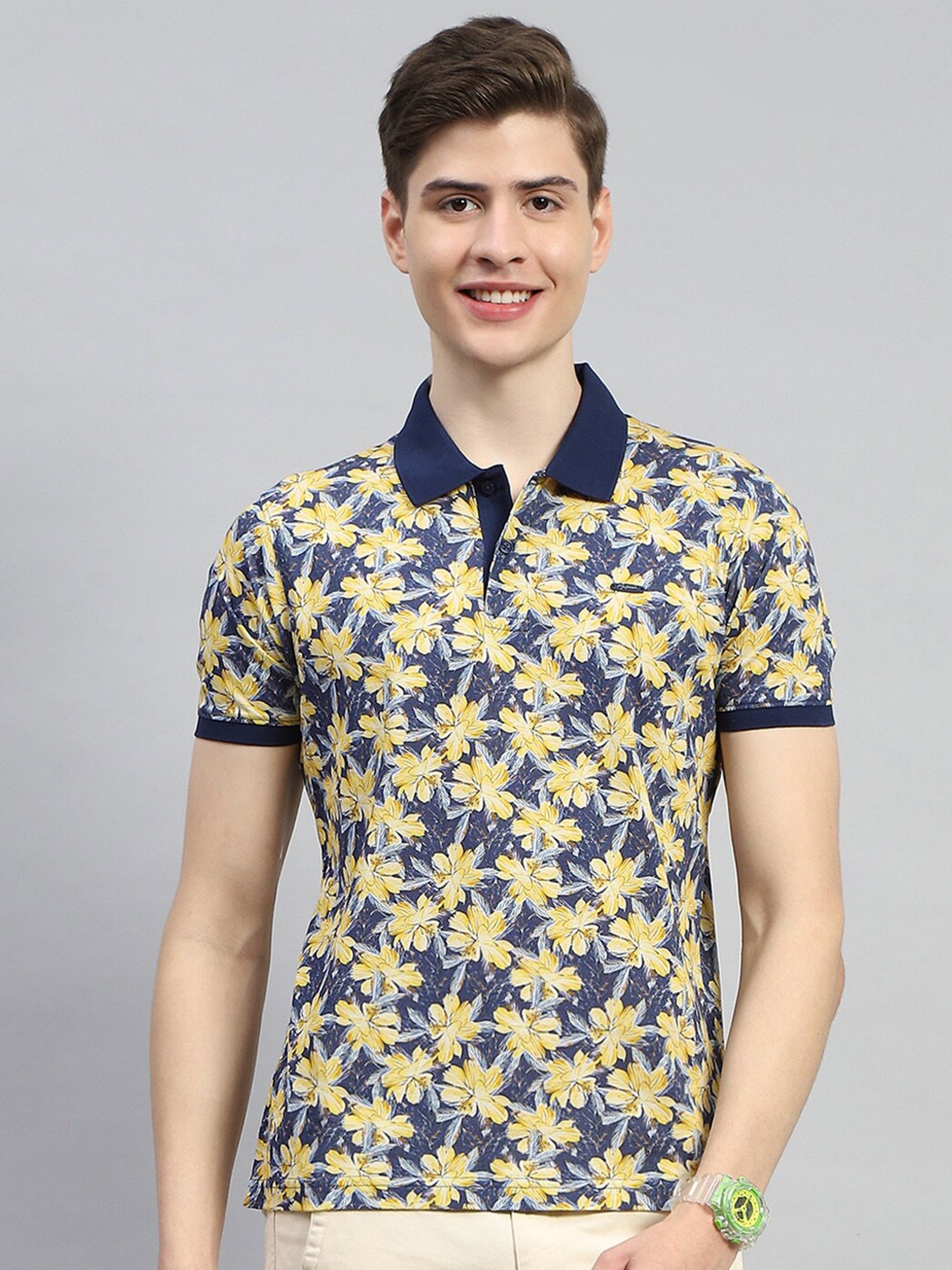 

Monte Carlo Floral Printed Polo Collar Cotton Casual T-shirt, Navy blue