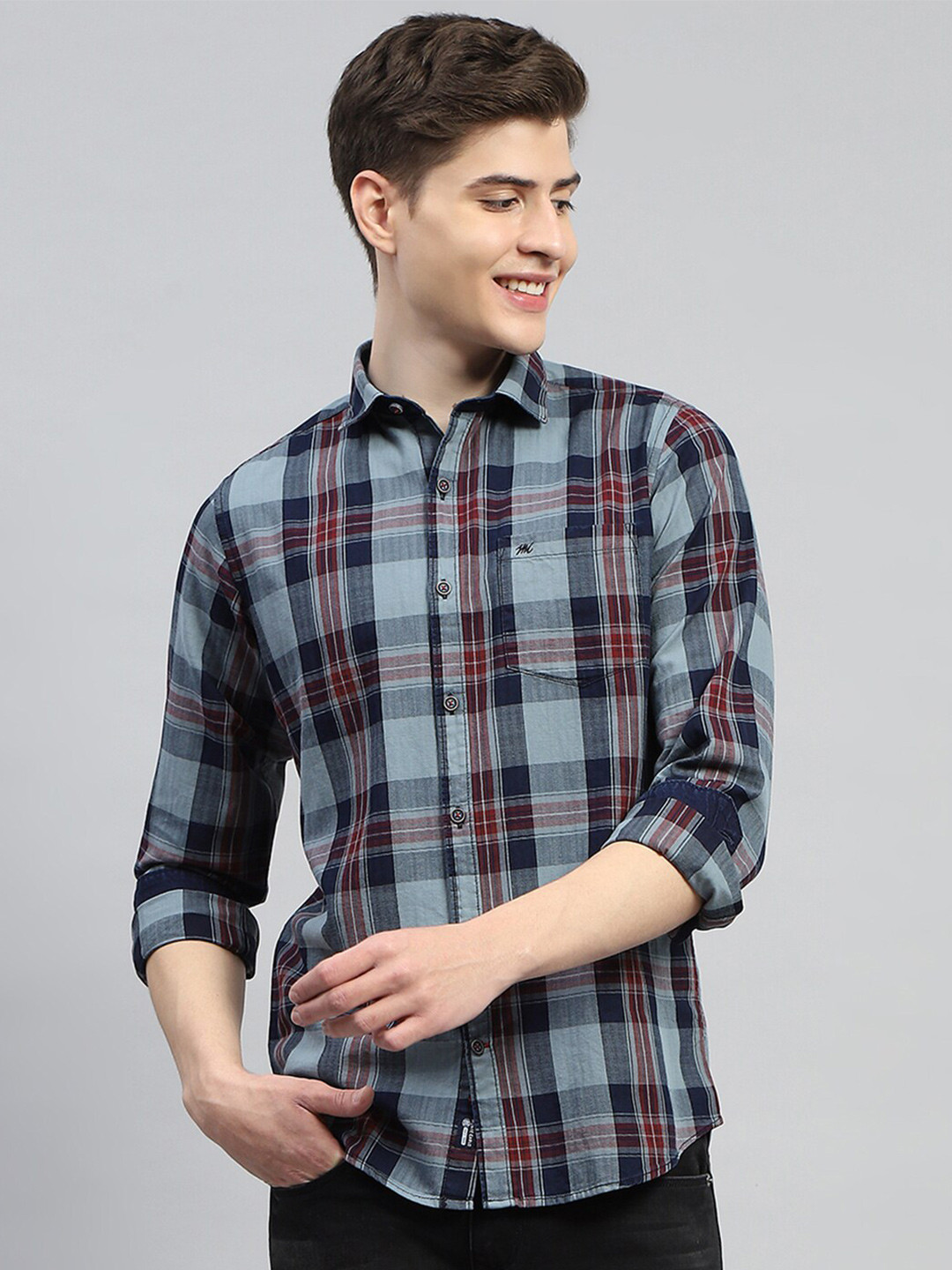 

Monte Carlo Classic Tartan Checked Pure Cotton Casual Shirt, Grey