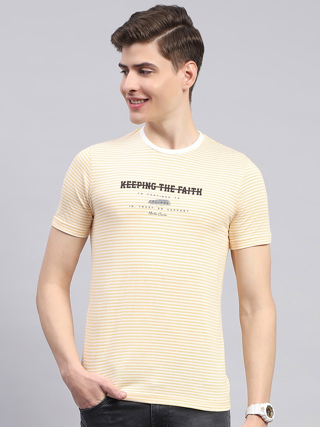 

Monte Carlo Striped Round Neck T-shirt, Yellow