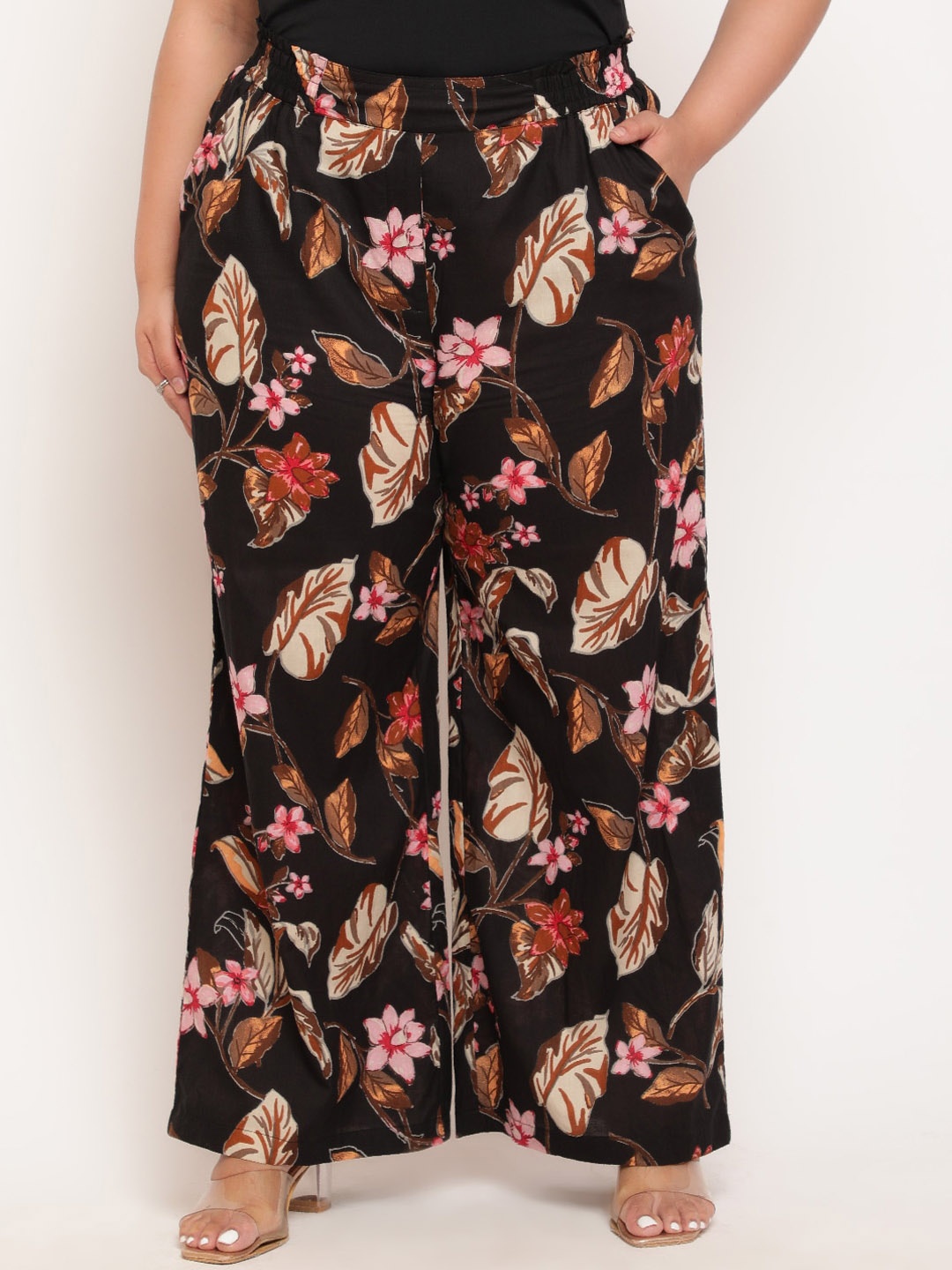 

Amydus Women Plus Size Floral Printed Cotton High-Rise Trousers, Black