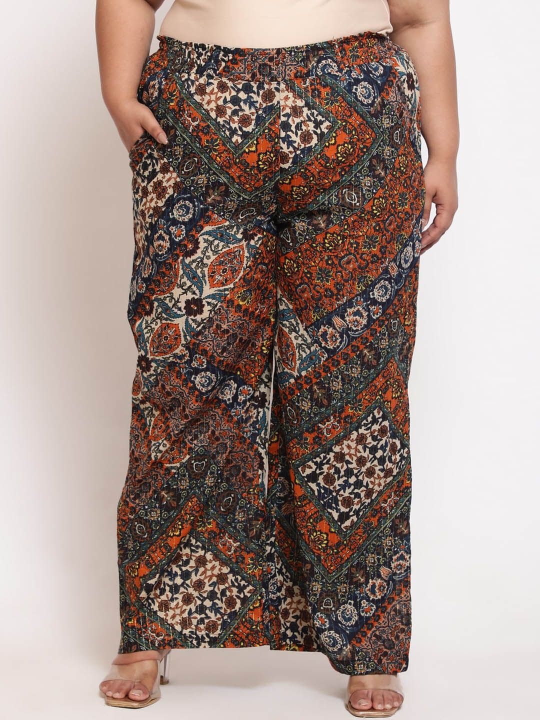 

Amydus Women Plus Size Floral Printed Cotton High-Rise Trousers, Rust