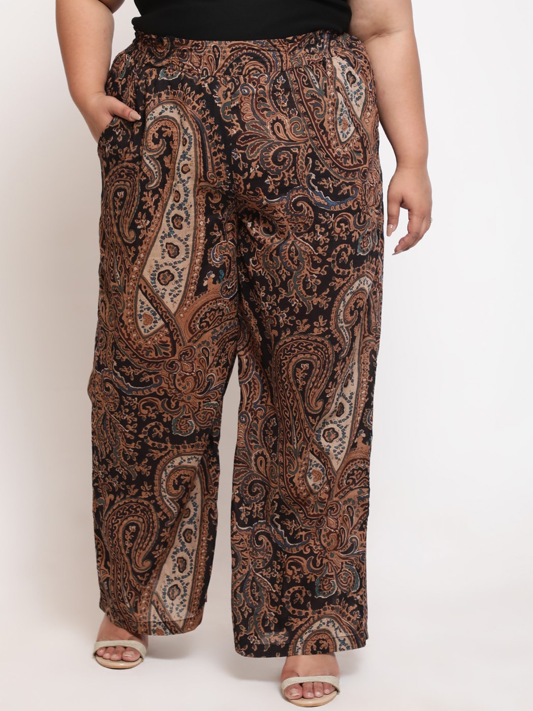 

Amydus Women Plus Size Animal Printed High-Rise Cotton Pleated Trousers, Black