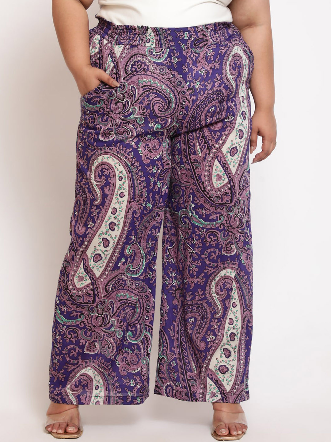 

Amydus Women Plus Size Ethnic Motifs Printed Cotton High-Rise Trousers, Purple