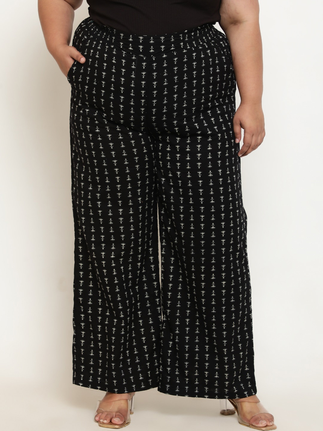 

Amydus Women Plus Size Printed Cotton High-Rise Trousers, Black