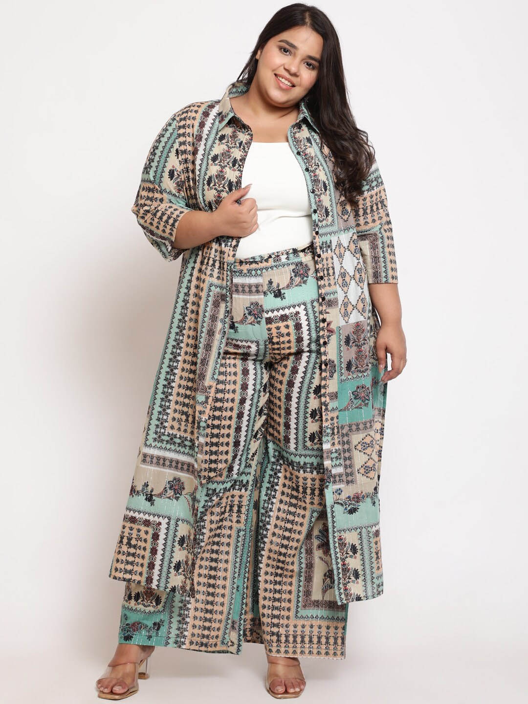 

Amydus Plus Size Ethnic Motifs Printed Shirt Collar Cotton Straight Kurta, Green